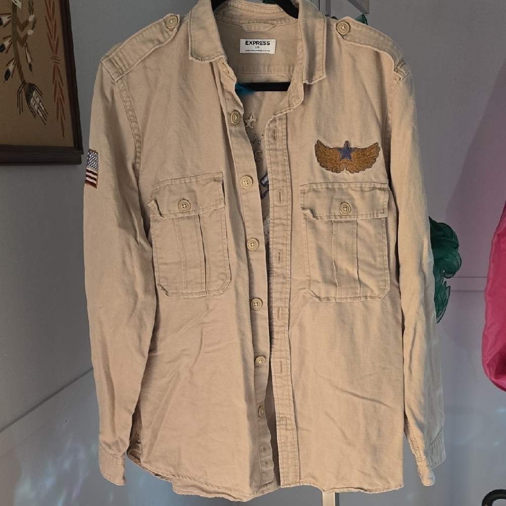 Express Beige Button-Up Shirt with Patches